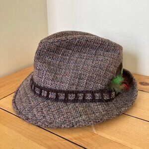 Brown Tweed Fedora Hat with Feather Hatband Vintage Made in USA Size 6 7/8